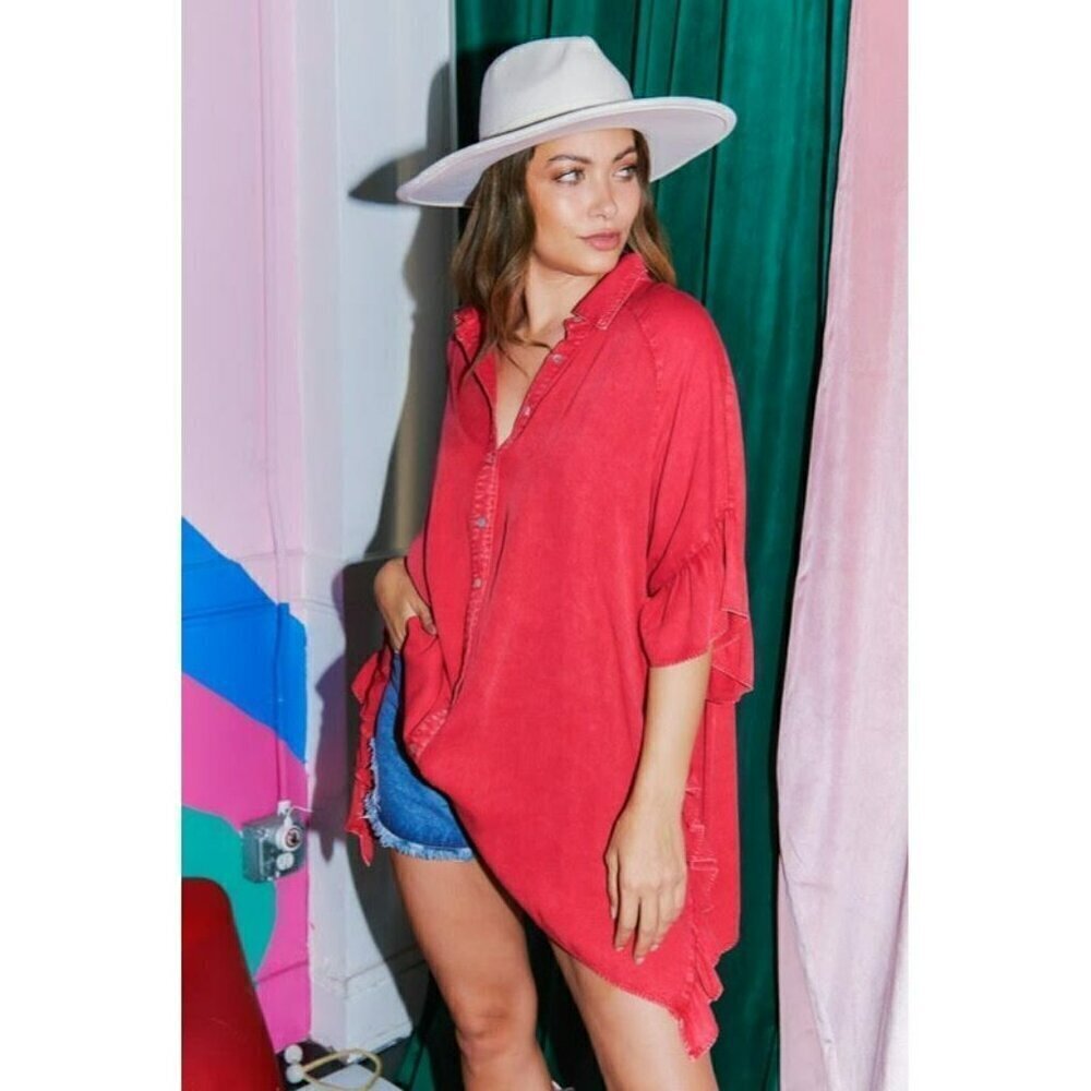 Time Flies Acid Washed Ruffled Shirt in Red - Picture 4 of 5